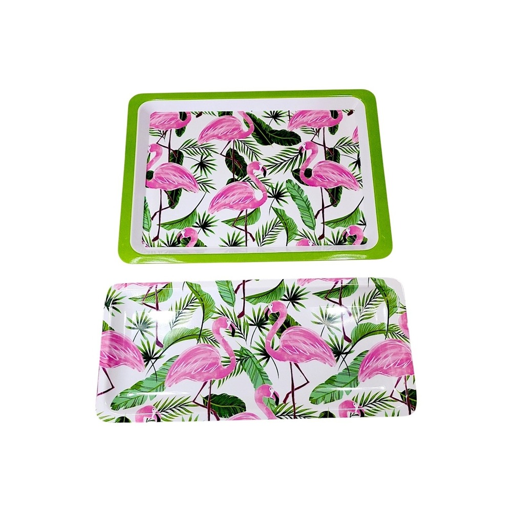 Flamingo Melamine Serving Tray 2pc Set Pink Green Tropical Palm Beach Pool‎ HHH